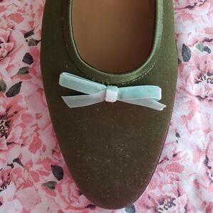 J. Crew Olive Green Flats with Light Blue Bow